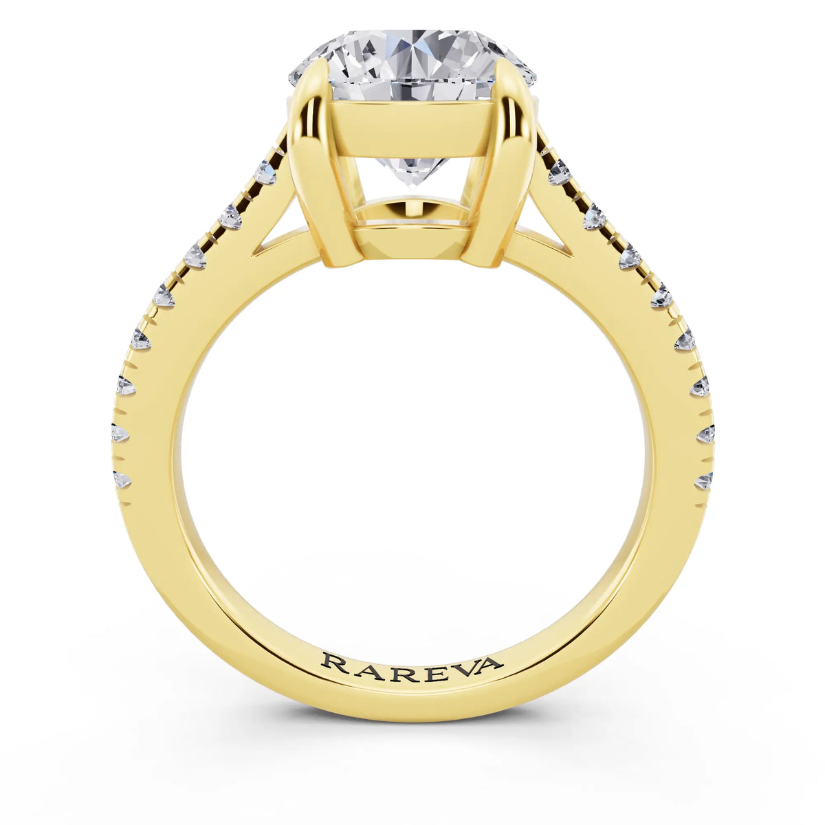 14 KT Yellow Gold Round Cut Diamond Claw Prong Solitaire Ring with French Pave Band - through finger