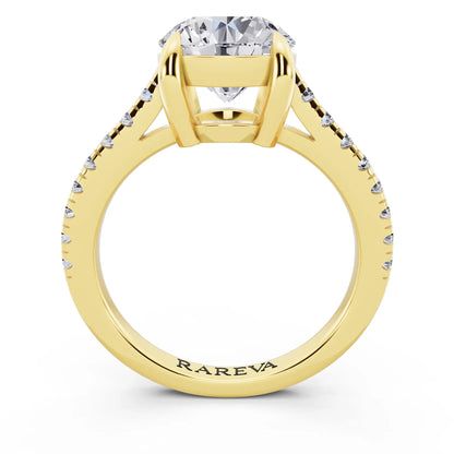 14 KT Yellow Gold Round Cut Diamond Claw Prong Solitaire Ring with French Pave Band - through finger