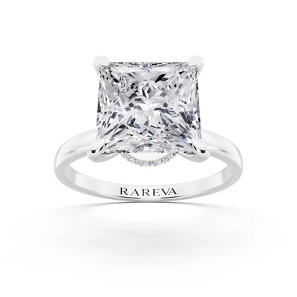 14 KT White Gold Princess Cut Diamond Solitaire Ring with Pave Collar - front view