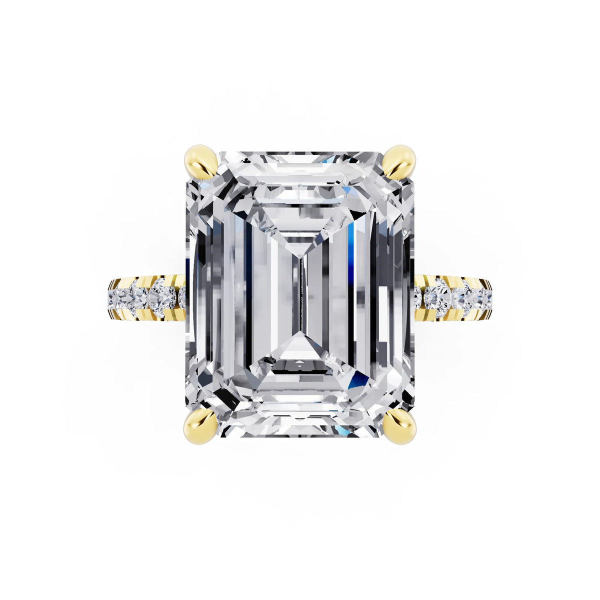 14 KT Yellow Gold Emerald Cut Diamond Hidden Halo Tiger Prong Pave Band Ring - top angle