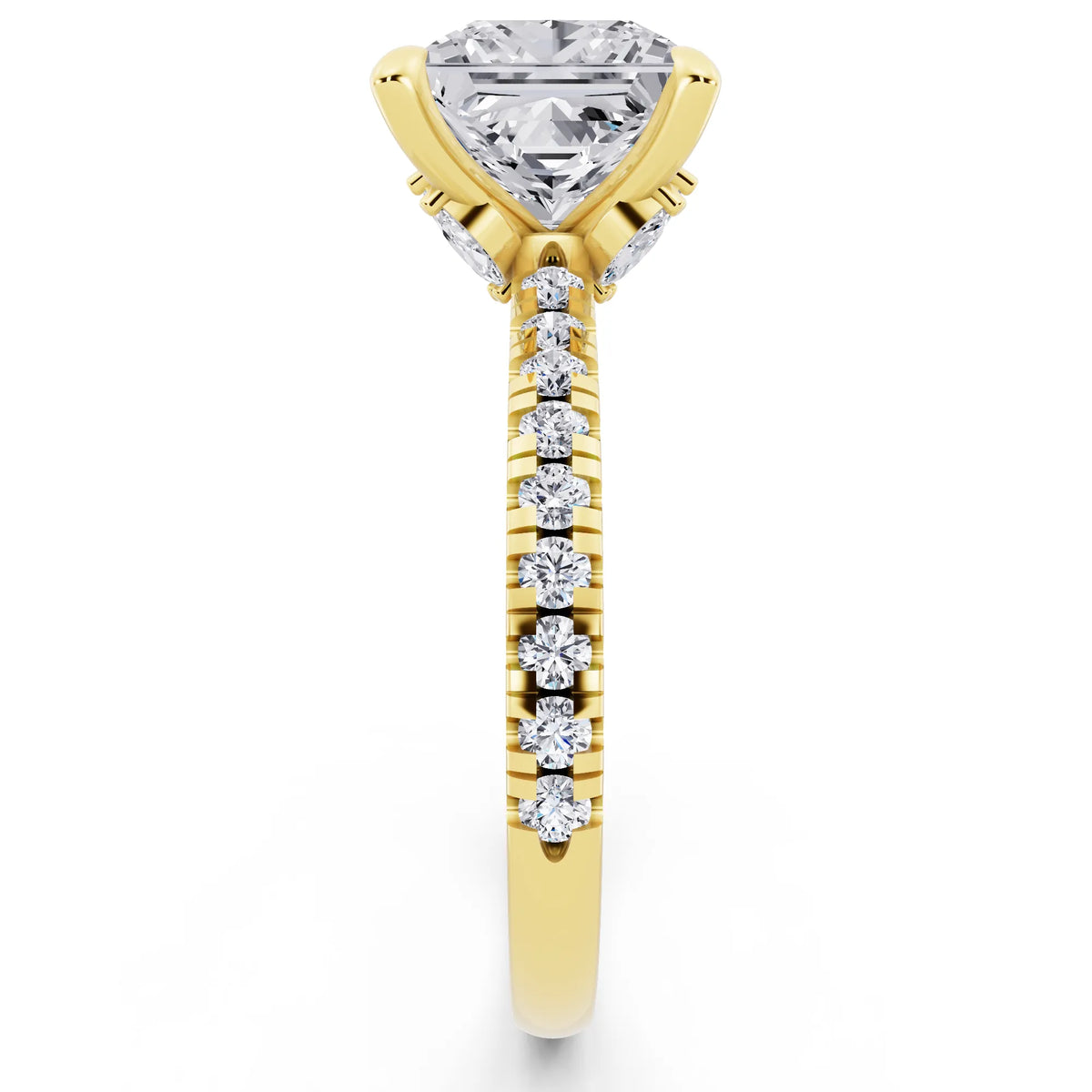 18 KT Yellow Gold Princess Cut Diamond Solitaire Ring with Marquise Collar - side view