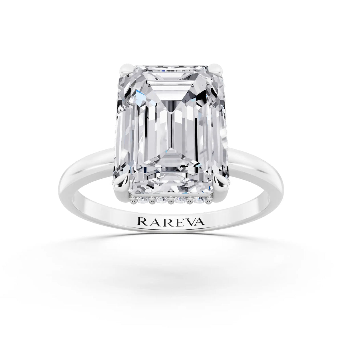 Platinum Emerald Cut Diamond Hidden Halo Solitaire Ring - front view