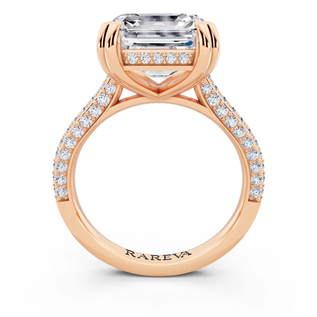 14 KT Rose Gold Asscher Cut Diamond Hidden Halo Double Claw Pave Band Ring - through finger