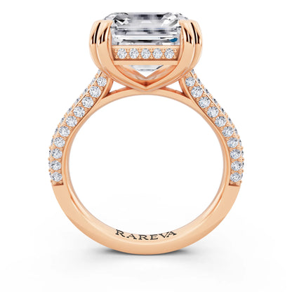 14 KT Rose Gold Asscher Cut Diamond Hidden Halo Double Claw Pave Band Ring - through finger