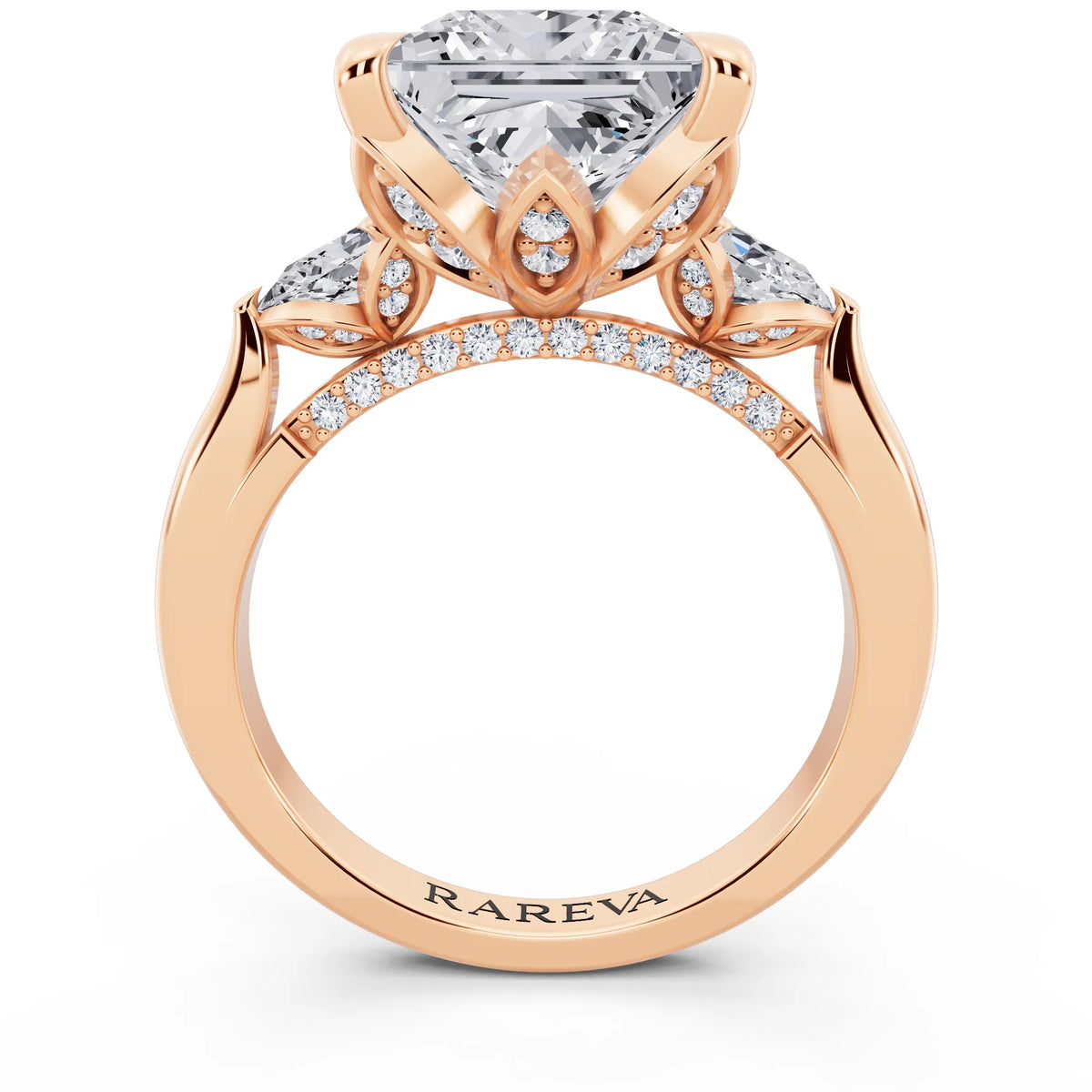 18 KT Rose Gold Princess Cut Diamond Cluster Engagement Ring with Pear Accents and Pavé Band - through finger