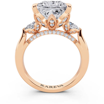18 KT Rose Gold Princess Cut Diamond Cluster Engagement Ring with Pear Accents and Pavé Band - through finger