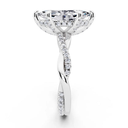 Platinum Marquise Cut Diamond Hidden Halo Ring with Twisted Pave Band - side view