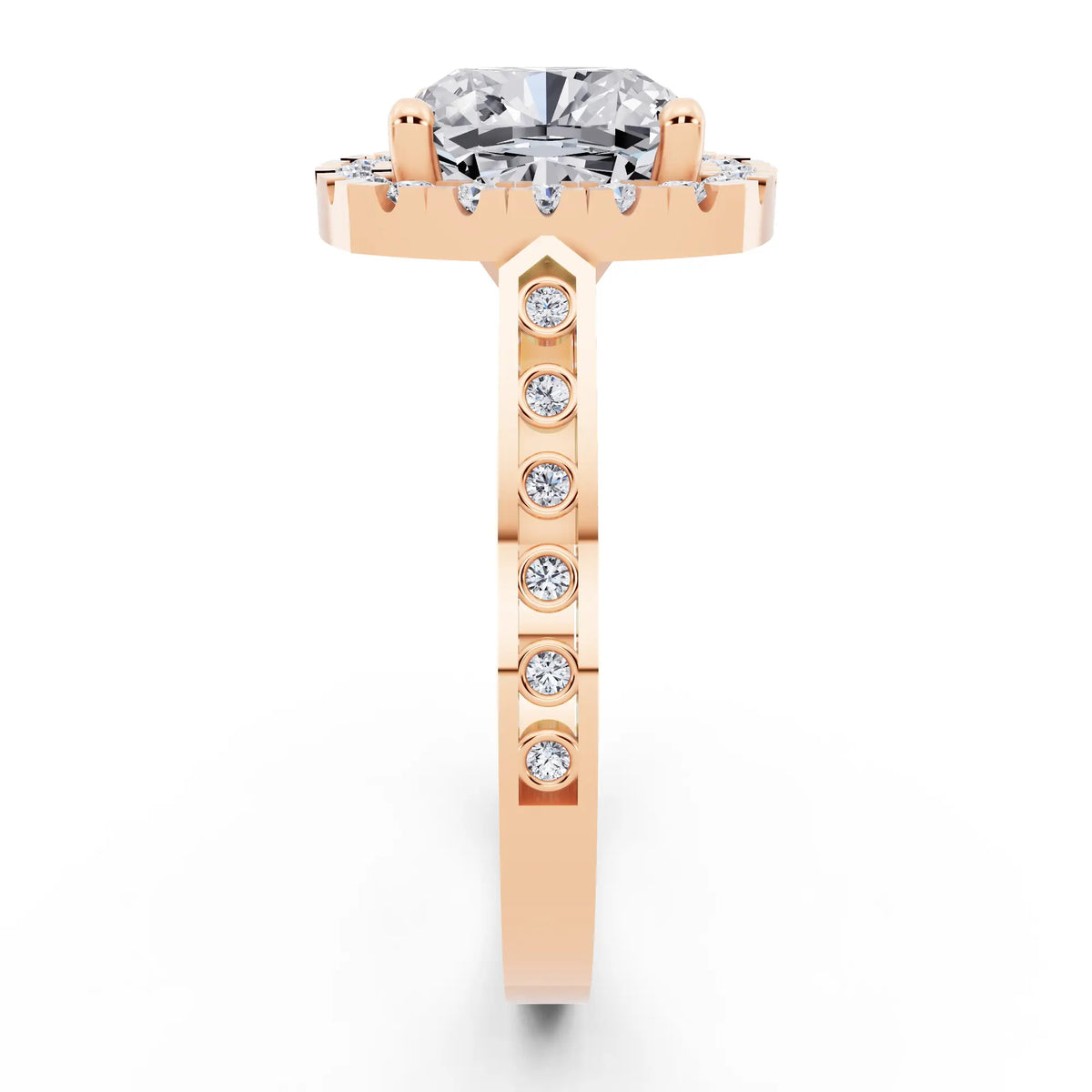 14 KT Rose Gold Cushion Cut Diamond Halo Ring with Bezel Accent Band - side view