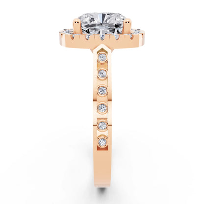 14 KT Rose Gold Cushion Cut Diamond Halo Ring with Bezel Accent Band - side view