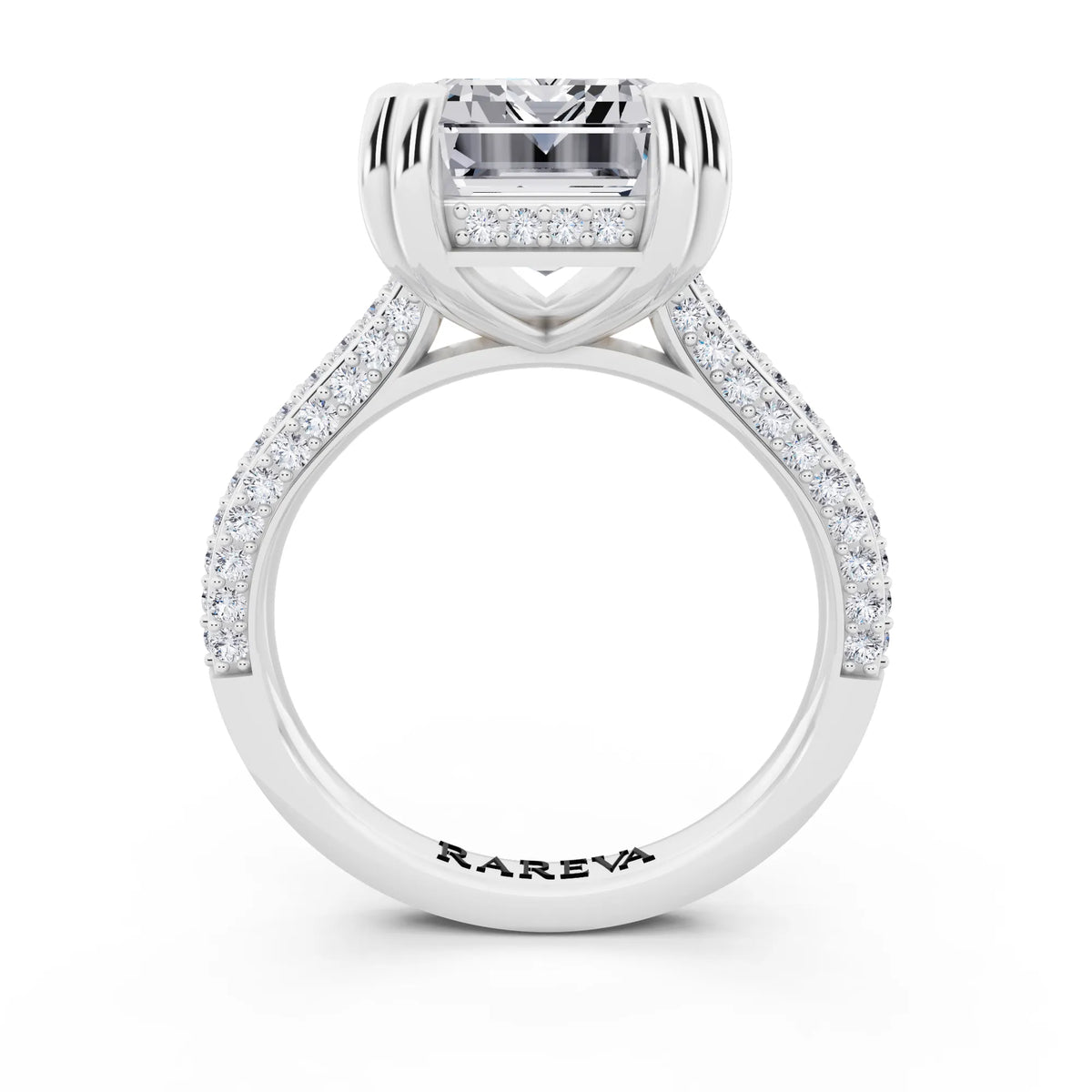Platinum Emerald Cut Diamond Hidden Halo Double Claw Pave Band Ring - through finger
