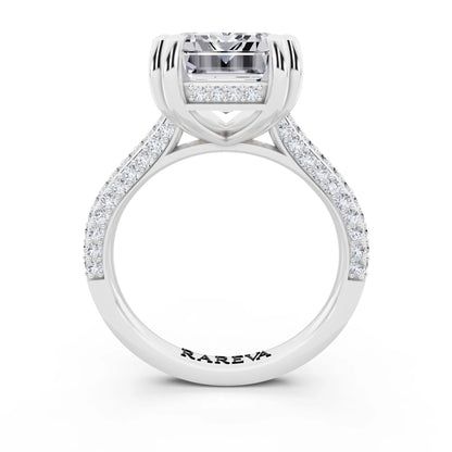 Platinum Emerald Cut Diamond Hidden Halo Double Claw Pave Band Ring - through finger