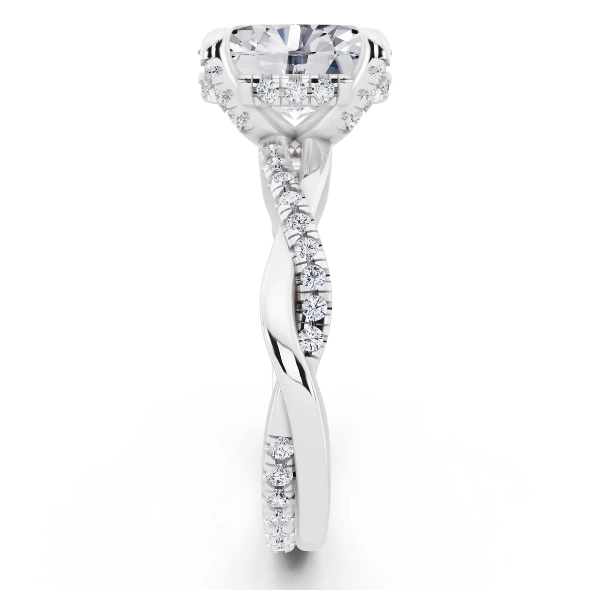14 KT White Gold Oval Cut Diamond Hidden Halo Ring with Twisted Pave Band - side view