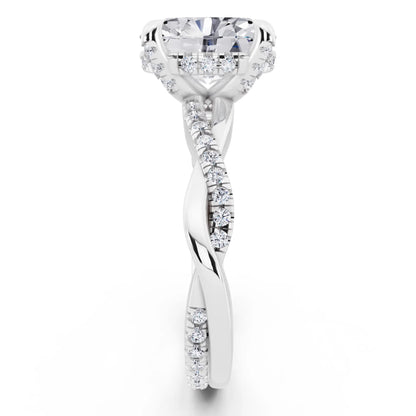 14 KT White Gold Oval Cut Diamond Hidden Halo Ring with Twisted Pave Band - side view