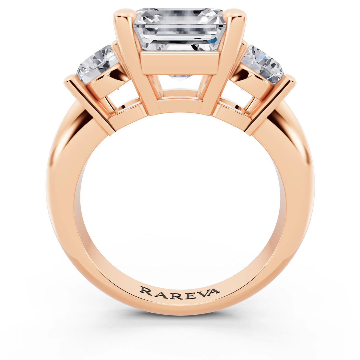 18 KT Rose Gold Asscher Cut Diamond Three Stone Ring with Round Accents - through finger