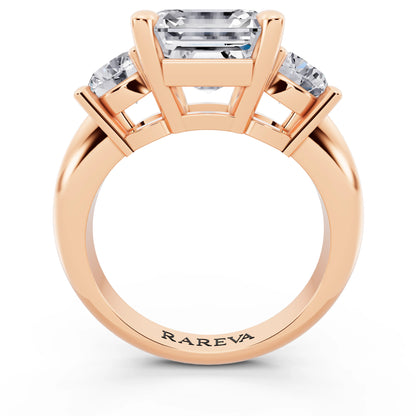 18 KT Rose Gold Asscher Cut Diamond Three Stone Ring with Round Accents - through finger