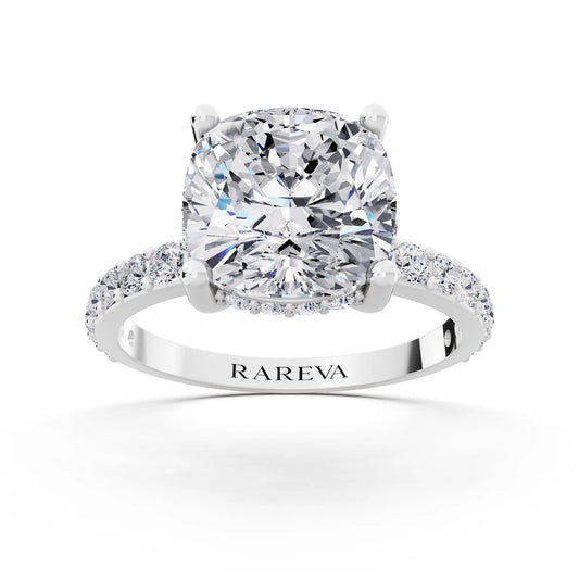 Platinum Cushion Cut Diamond Solitaire Ring with Hidden Halo and Pave Band - front view