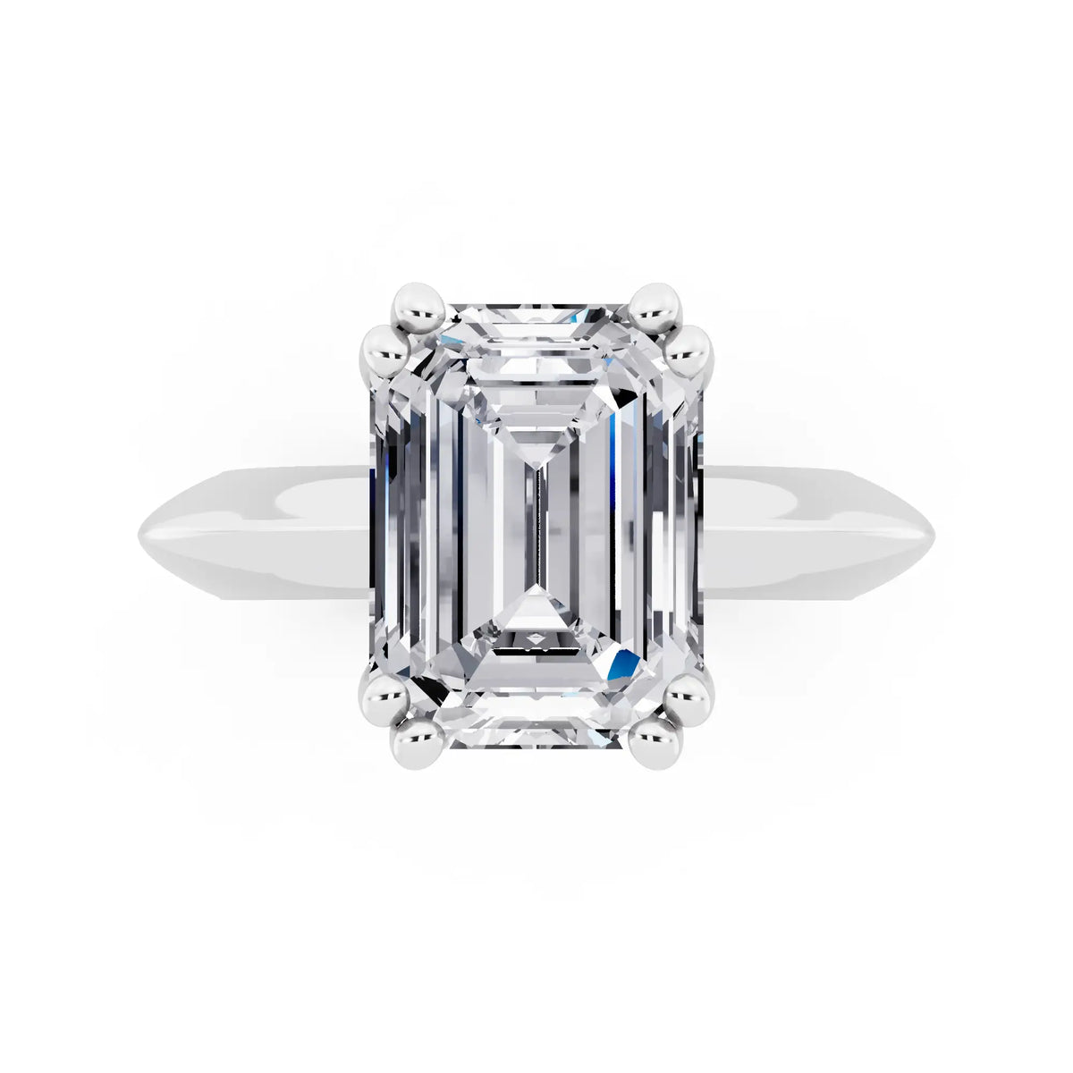 18 KT White Gold Emerald Cut Diamond Solitaire Ring with Knife Edge Band - top angle