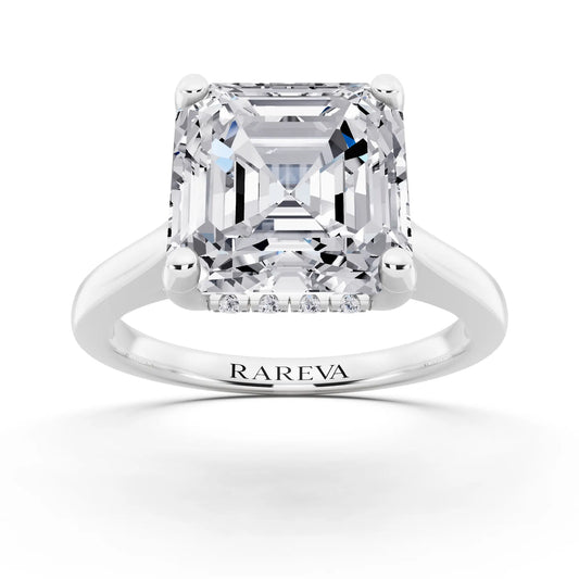 18 KT White Gold Asscher Cut Diamond Solitaire Ring with Cathedral Band - front view