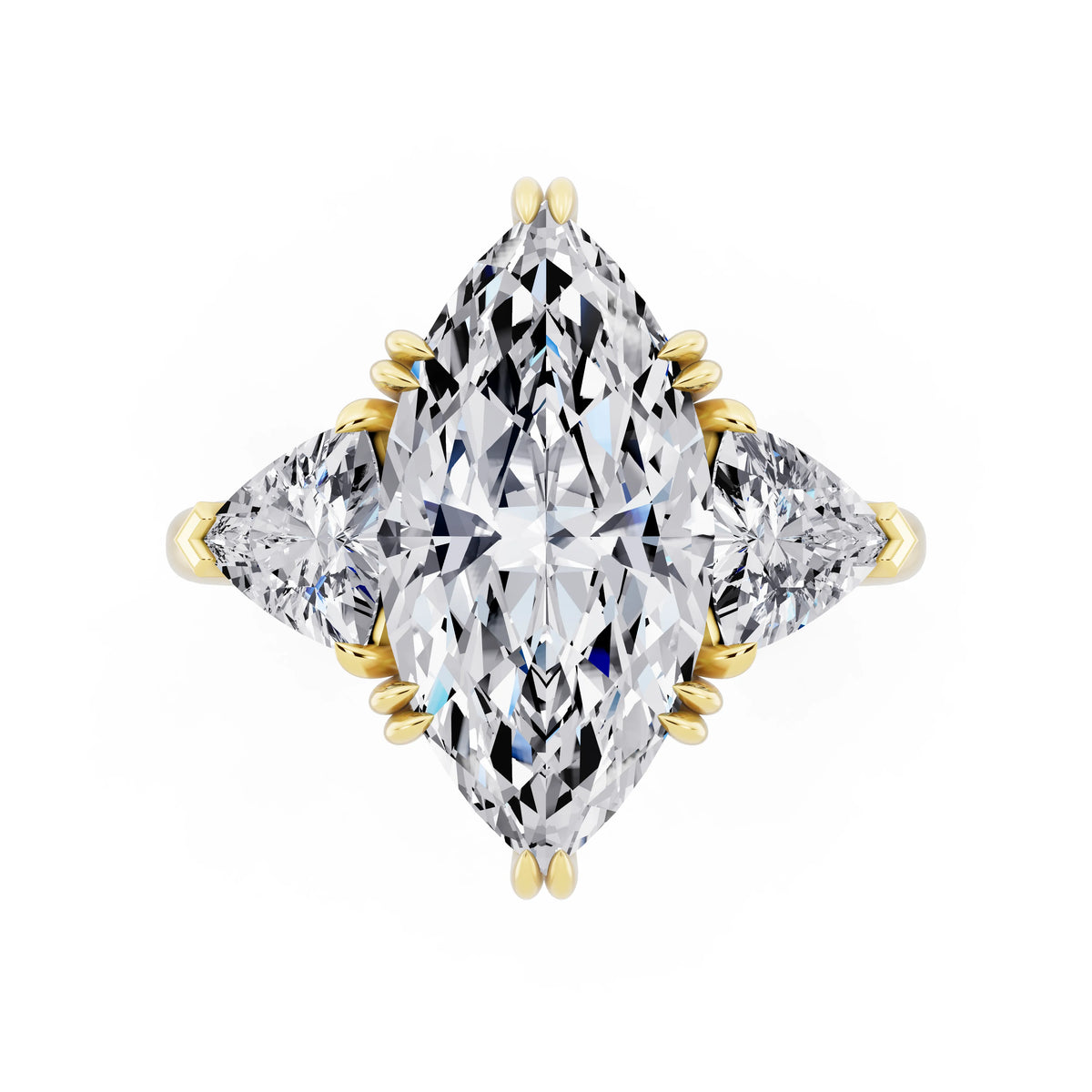 14 KT Yellow Gold Marquise Cut Diamond Three Stone Ring with Trillion Accents - top angle