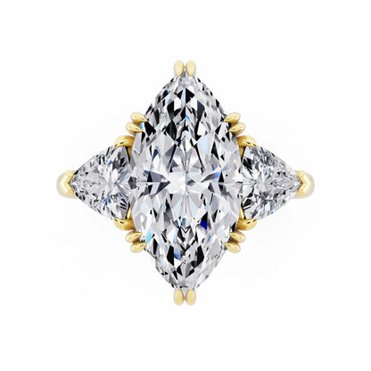 14 KT Yellow Gold Marquise Cut Diamond Three Stone Ring with Trillion Accents - top angle