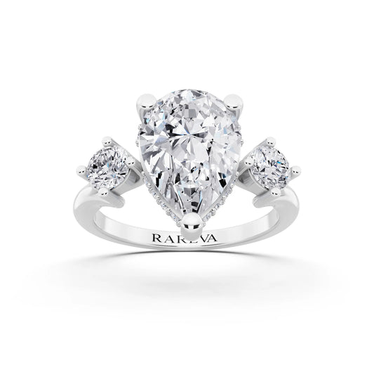 18 KT White Gold Pear Cut Diamond Three Stone Engagement Ring with Hidden Halo - front view
