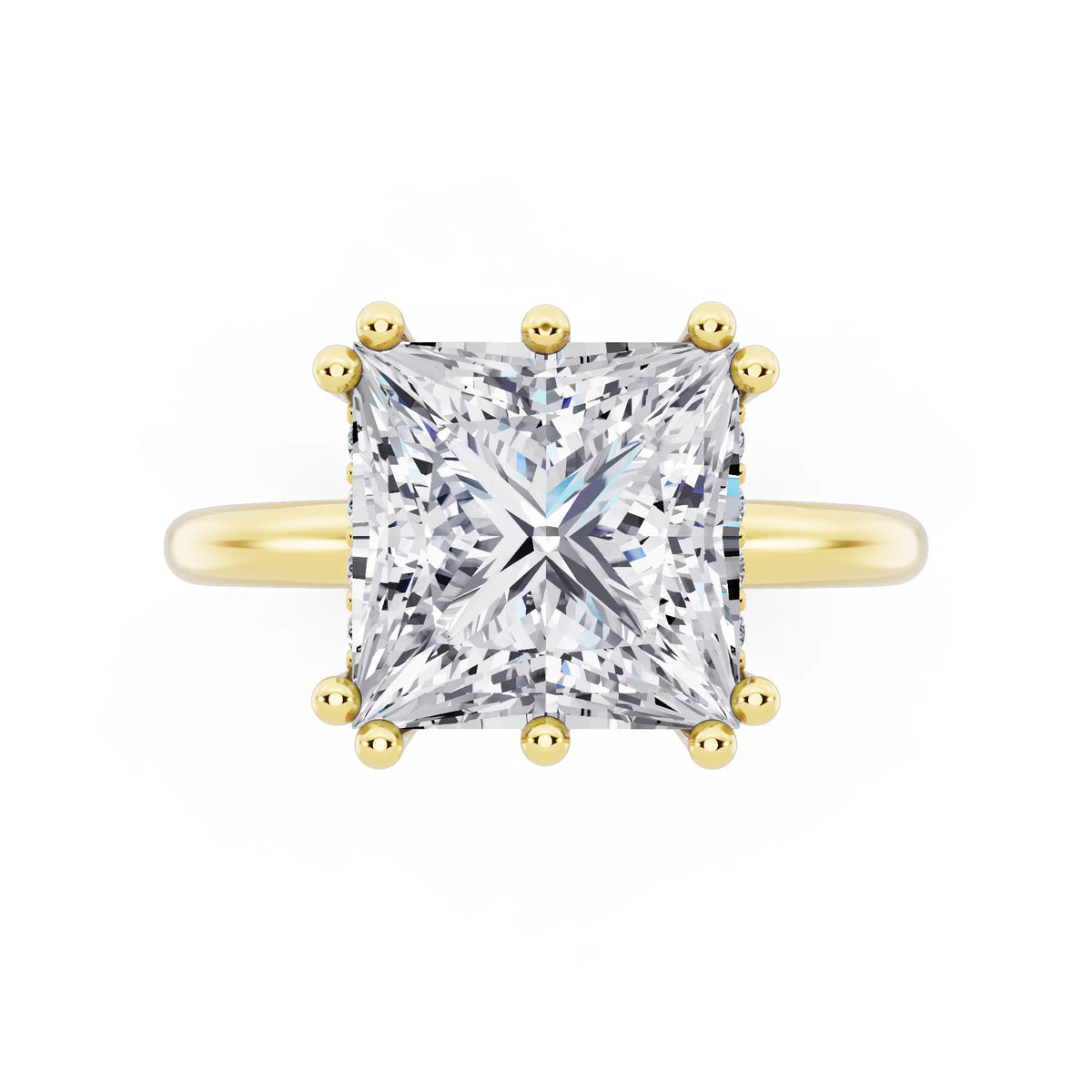 18 KT Yellow Gold Princess Cut Diamond Solitaire Ring with Hidden Accent Basket - top angle