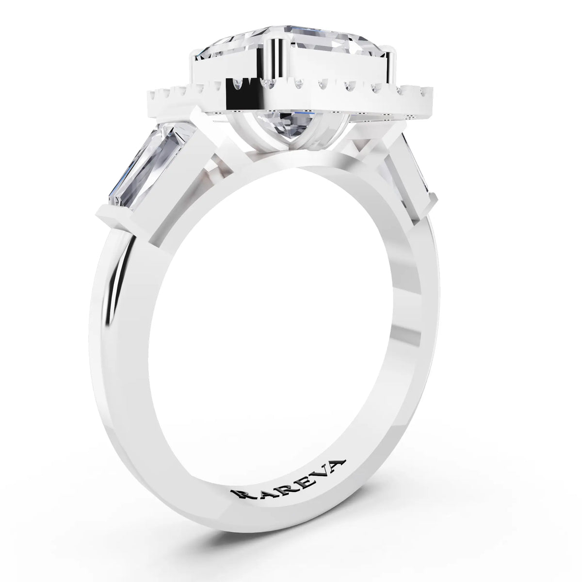 18 KT White Gold Asscher Cut Diamond Halo Ring with Baguette Accents - top view