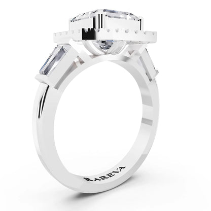 18 KT White Gold Asscher Cut Diamond Halo Ring with Baguette Accents - top view