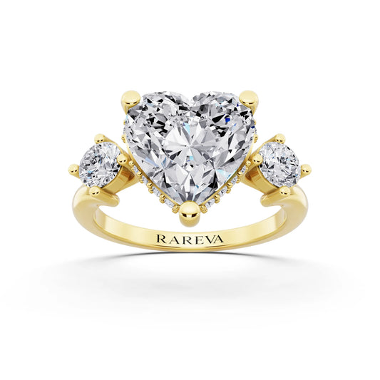 18 KT Yellow Gold Heart Cut Diamond Three Stone Engagement Ring with Hidden Halo - front view