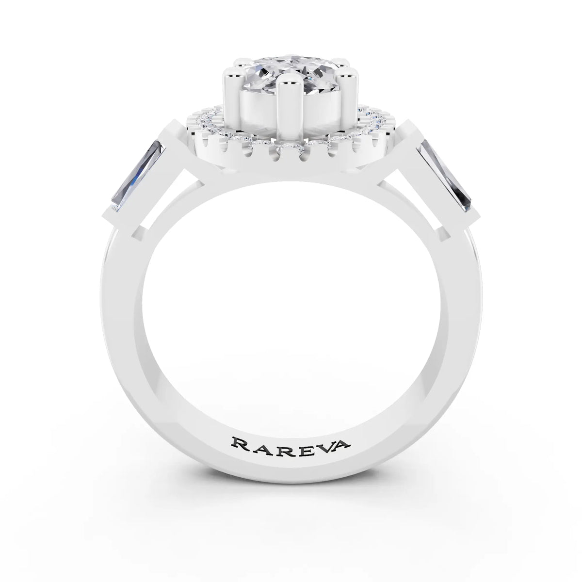 14 KT White Gold Marquise Cut Diamond Halo Ring with Baguette Accents - through finger