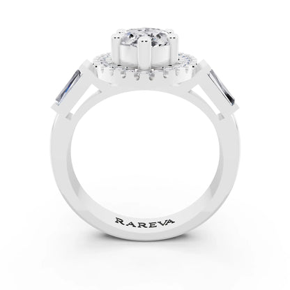 14 KT White Gold Marquise Cut Diamond Halo Ring with Baguette Accents - through finger