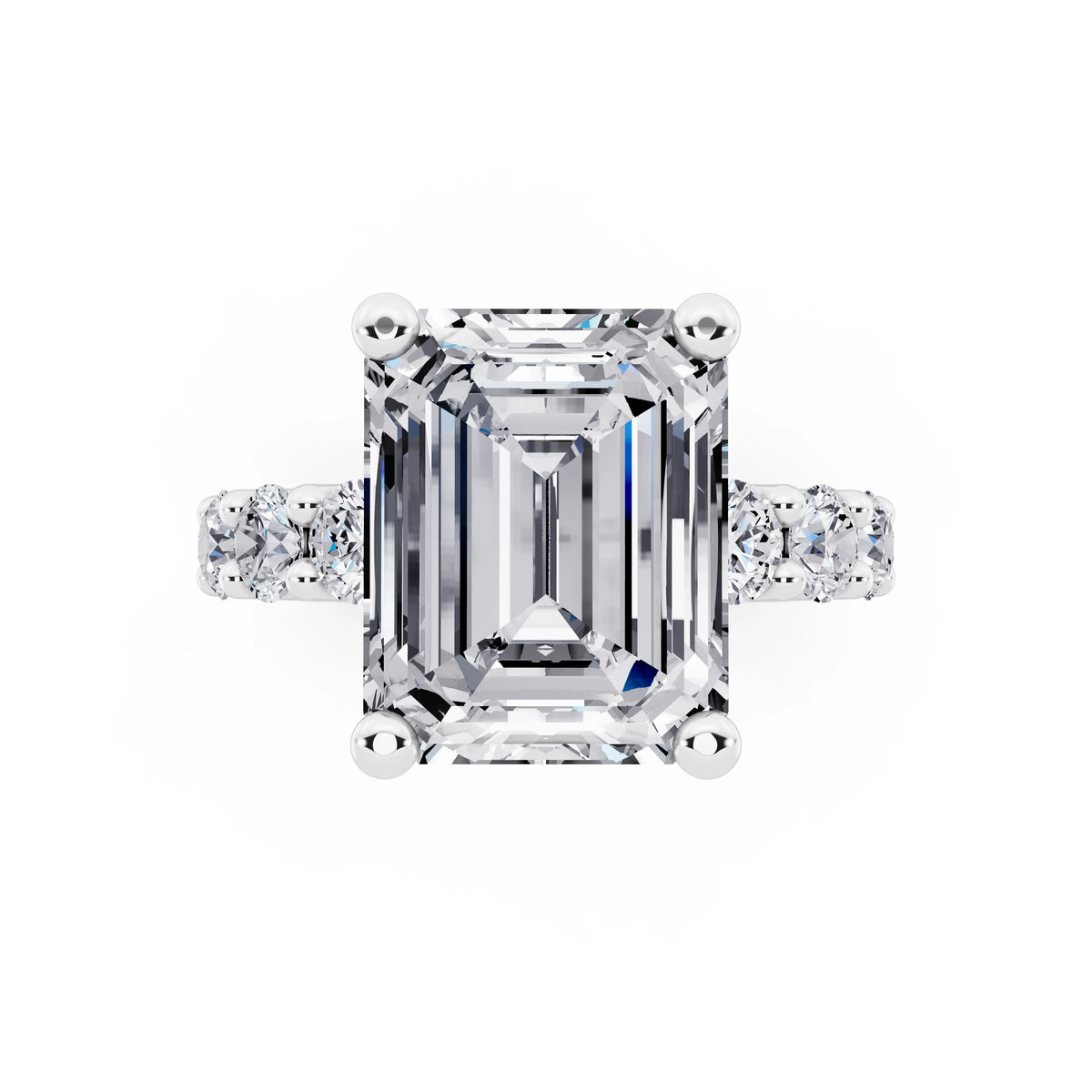 18 KT White Gold Emerald Cut Diamond Ring with Shared Prong Eternity Band - top angle