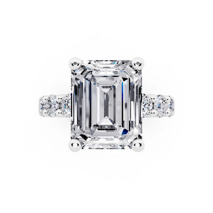 18 KT White Gold Emerald Cut Diamond Ring with Shared Prong Eternity Band - top angle