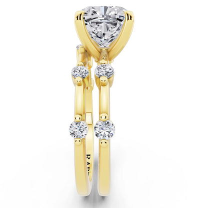 14 KT Yellow Gold Cushion Cut Diamond Ring with Floating Accent Band - side view