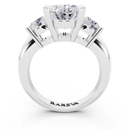 Platinum Oval Cut Diamond Three Stone Ring with Round Accents - through finger