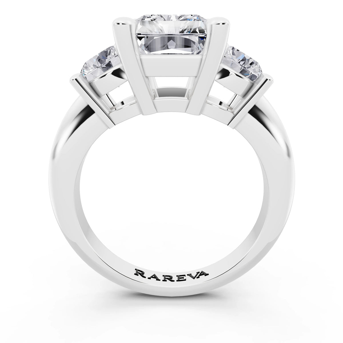 Platinum Radiant Cut Diamond Three Stone Ring with Round Accents - through finger