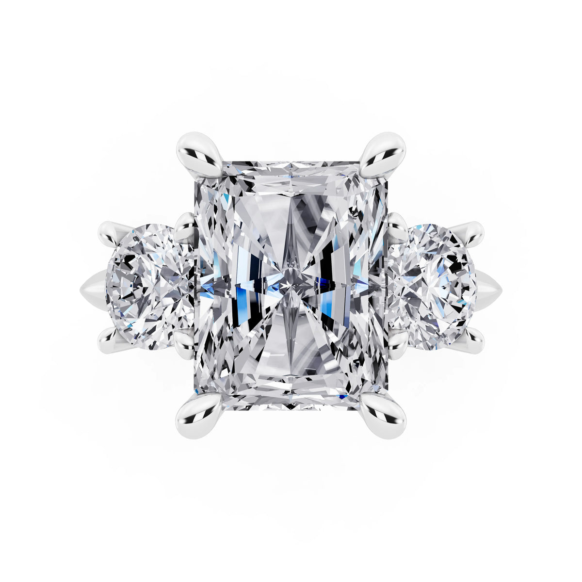 18 KT White Gold Radiant Cut Diamond Three Stone Ring with Round Accents - top angle