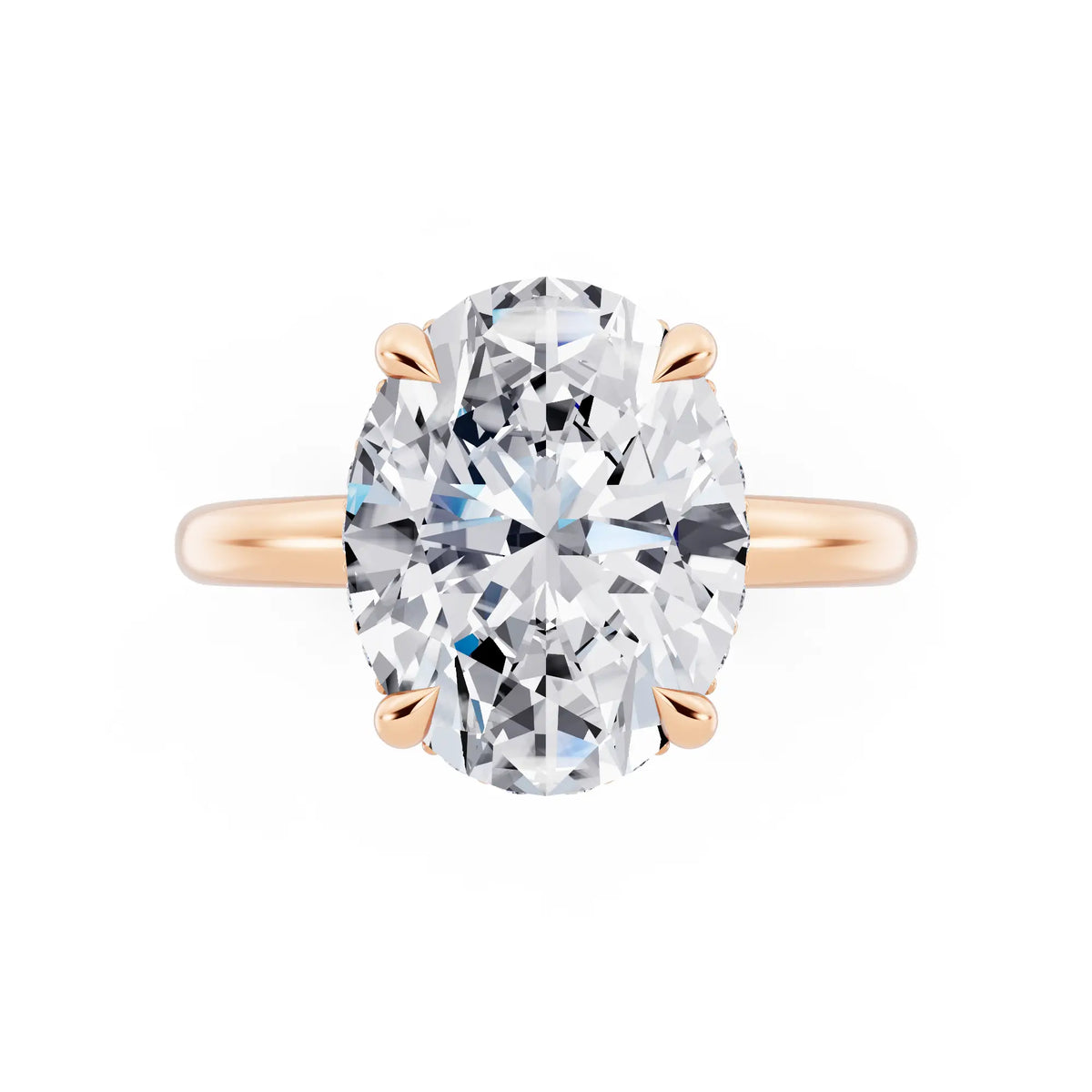 18 KT Rose Gold Oval Cut Diamond Hidden Halo Solitaire Ring - top angle
