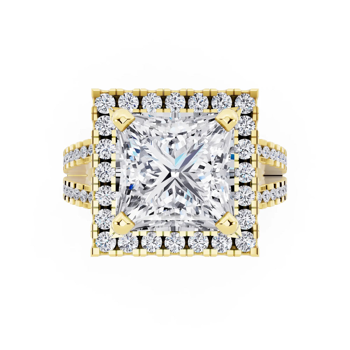 18 KT Yellow Gold Princess Cut Diamond Halo Ring with Pave Split Shank - top angle