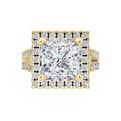 18 KT Yellow Gold Princess Cut Diamond Halo Ring with Pave Split Shank - top angle