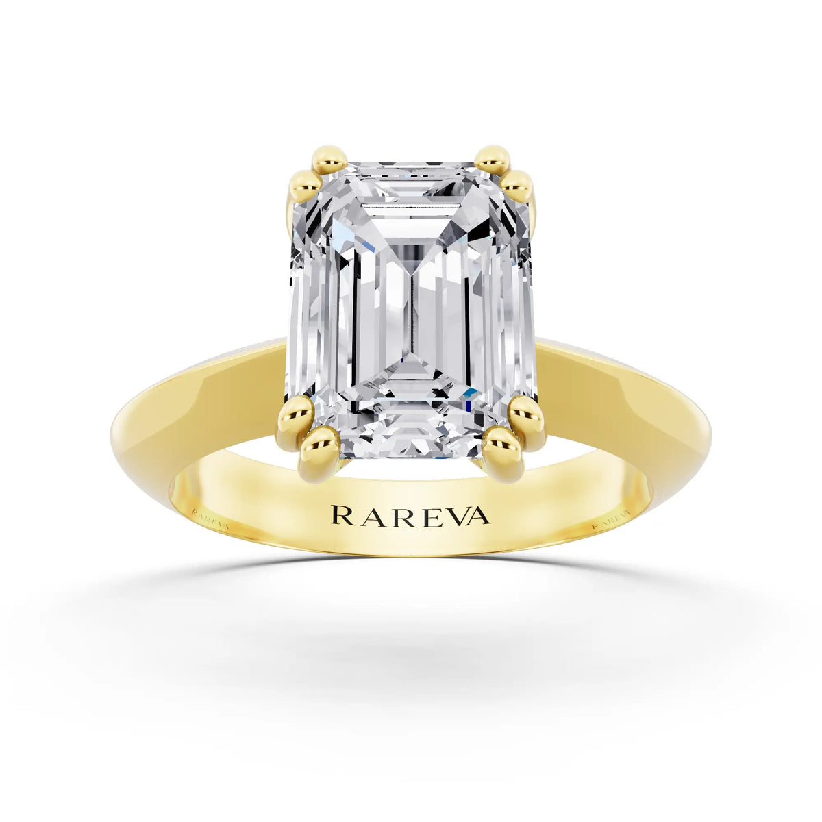 18 KT Yellow Gold Emerald Cut Diamond Solitaire Ring with Knife Edge Band - front view