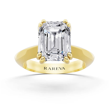18 KT Yellow Gold Emerald Cut Diamond Solitaire Ring with Knife Edge Band - front view