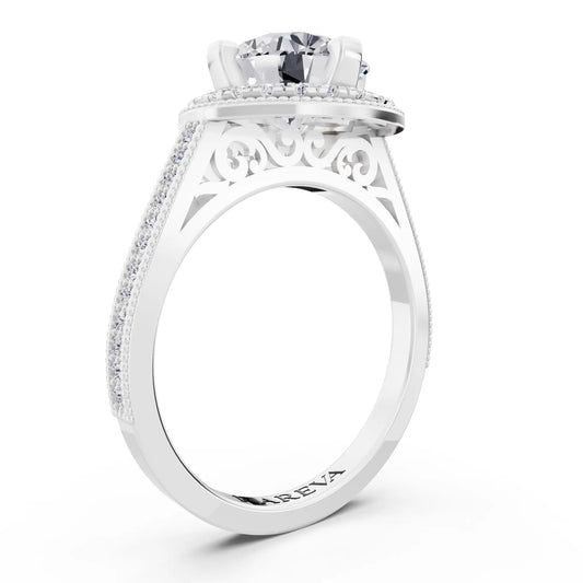 14 KT White Gold Round Cut Diamond Vintage Halo Ring with Milgrain Band - Top view