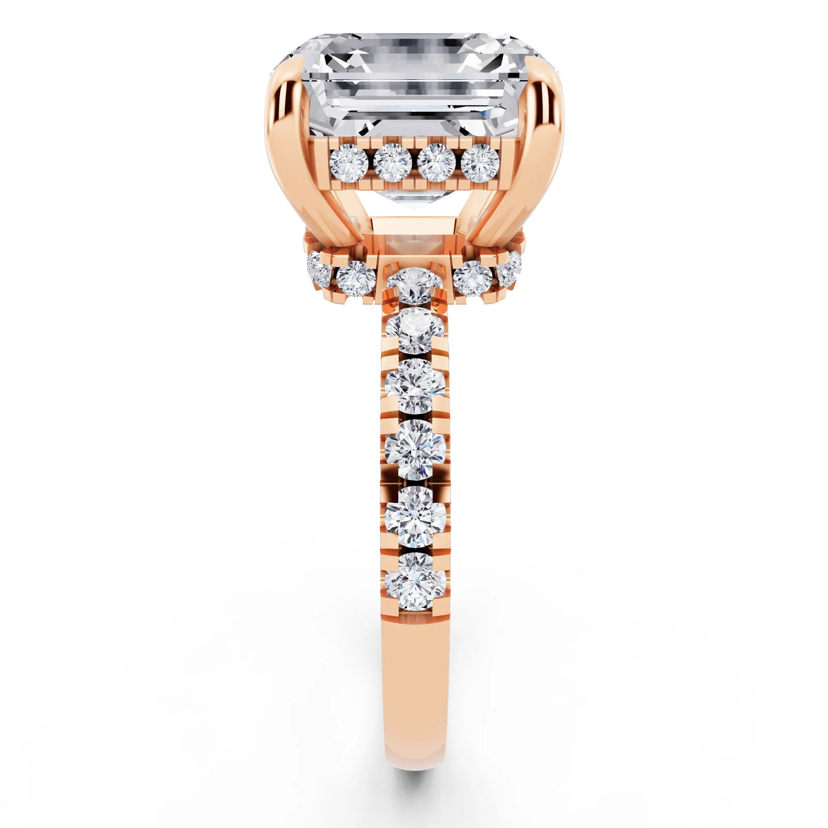 18 KT Rose Gold Asscher Cut Diamond Hidden Halo Tiger Prong Pave Band Ring - side view