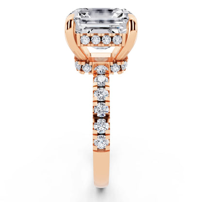 18 KT Rose Gold Asscher Cut Diamond Hidden Halo Tiger Prong Pave Band Ring - side view