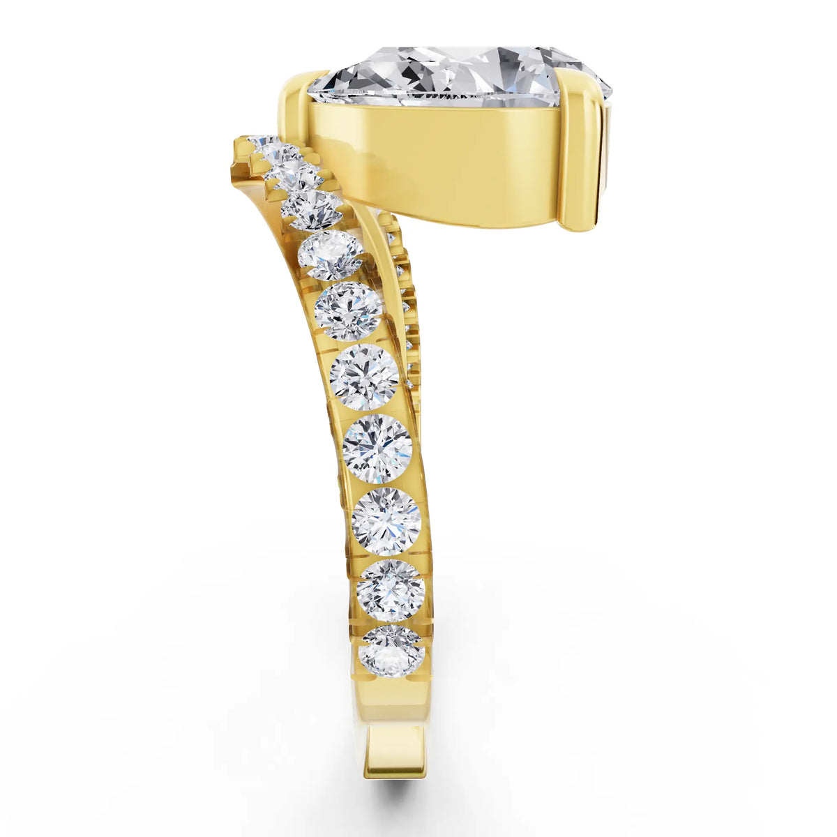 18 KT Yellow Gold Pear Cut Diamond Solitaire Ring with Pave Chevron Band - Side view