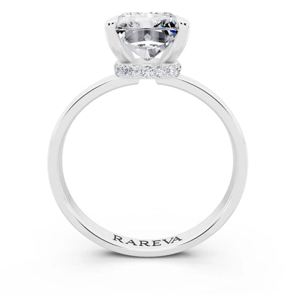 Platinum Radiant Cut Diamond Solitaire Ring with Pave Collar - through finger