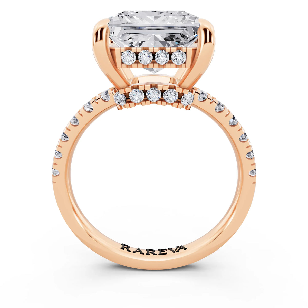 18 KT Rose Gold Princess Cut Diamond Hidden Halo Tiger Prong Pave Band Ring - through finger