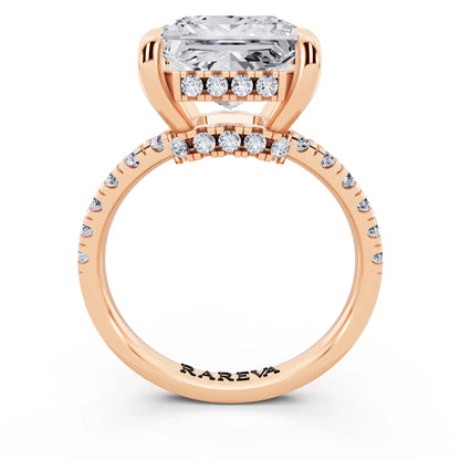 18 KT Rose Gold Princess Cut Diamond Hidden Halo Tiger Prong Pave Band Ring - through finger