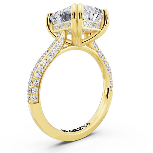 14 KT Yellow Gold Radiant Cut Diamond Hidden Halo Double Claw Pave Band Ring - top view